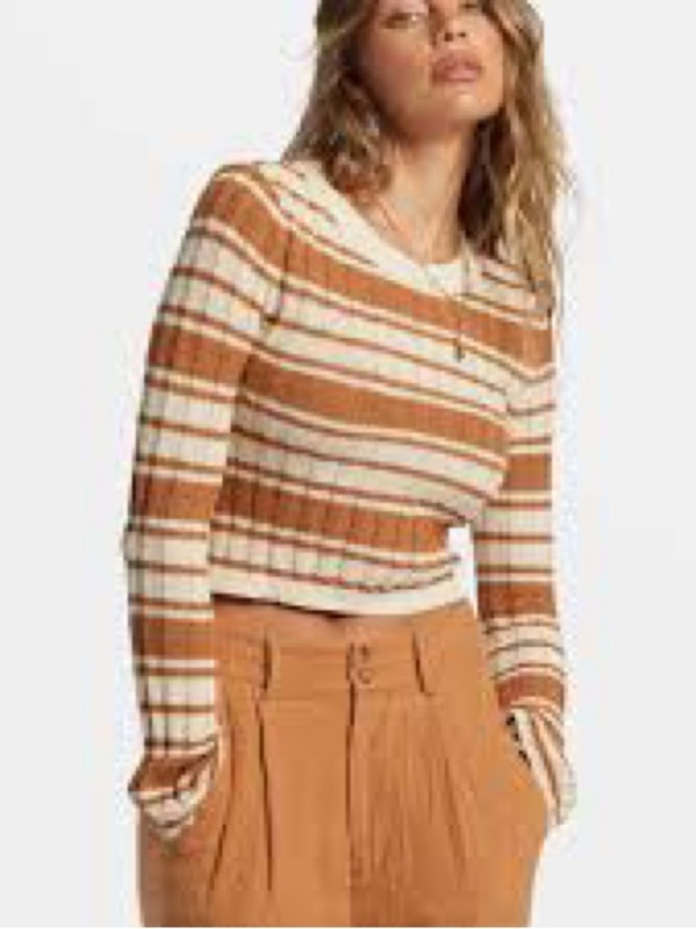 Billabong Striped Cropped Knit Sweater in Cream & Tan